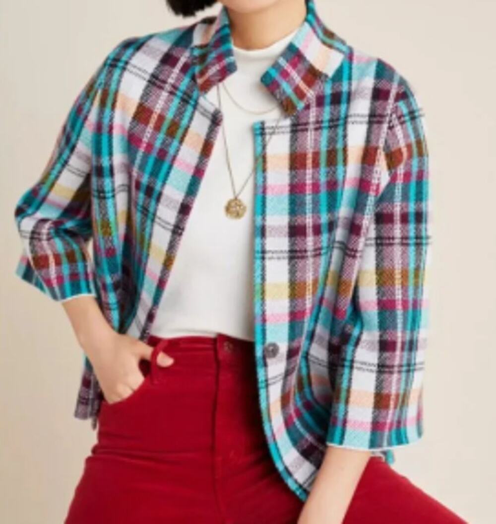Anthropologie Rosetta Plaid Cropped Sweater Jacket sz XS